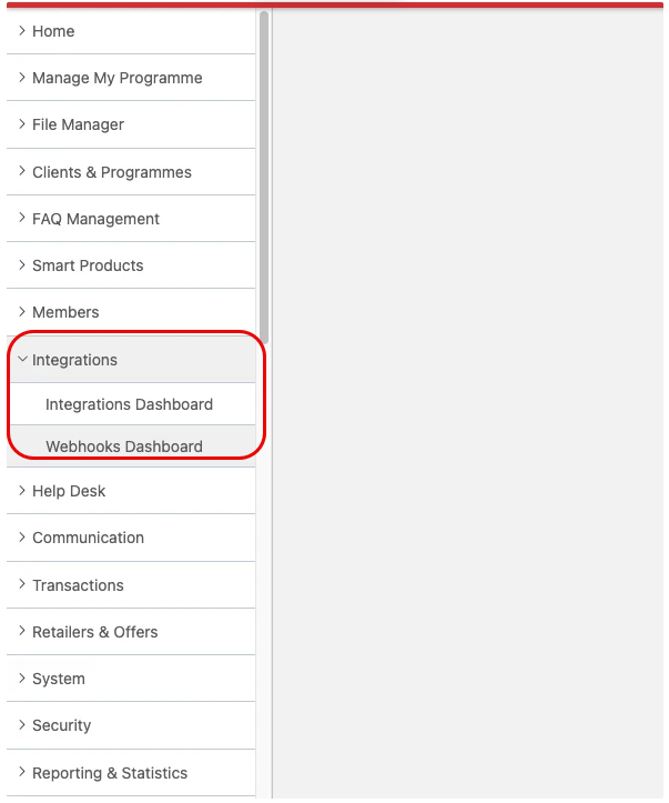Webhooks dashboard Menu Link