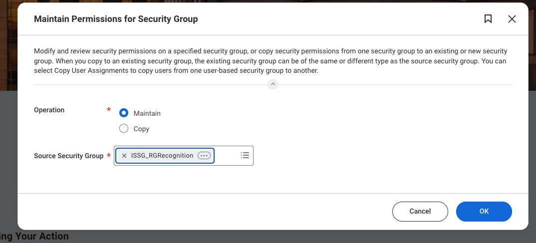 Maintain Permissions for Security Group  - Ok button