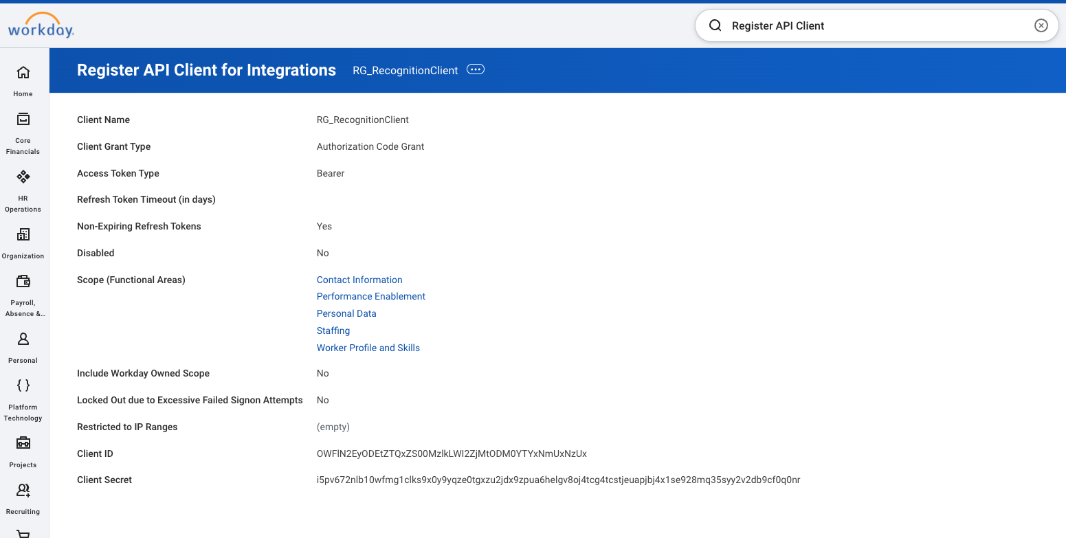 Register API Client for Integrations; client ID and client secret