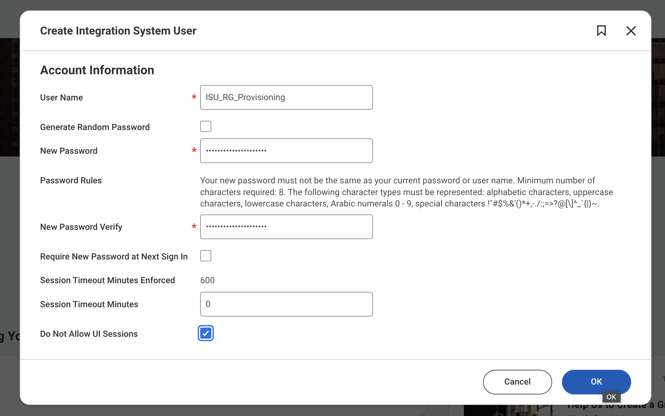 Integration System User Account Information