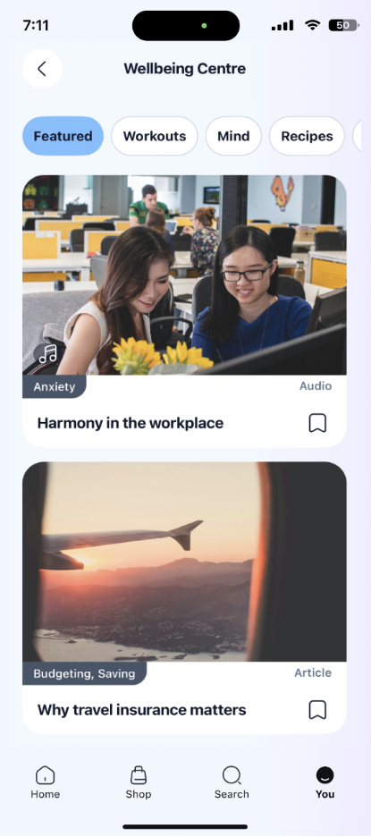 How the Wellbeing Centre layout looks in the Engage app