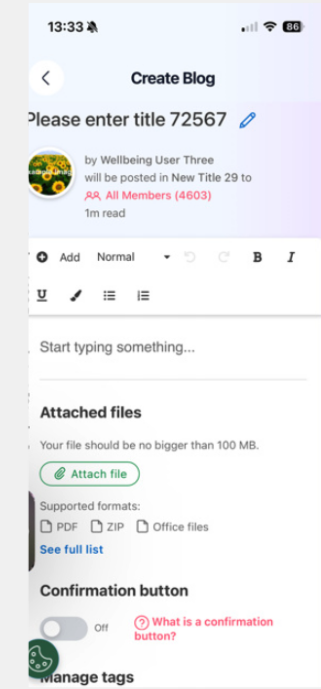 Engage App - Manage Blogs - Create Blog