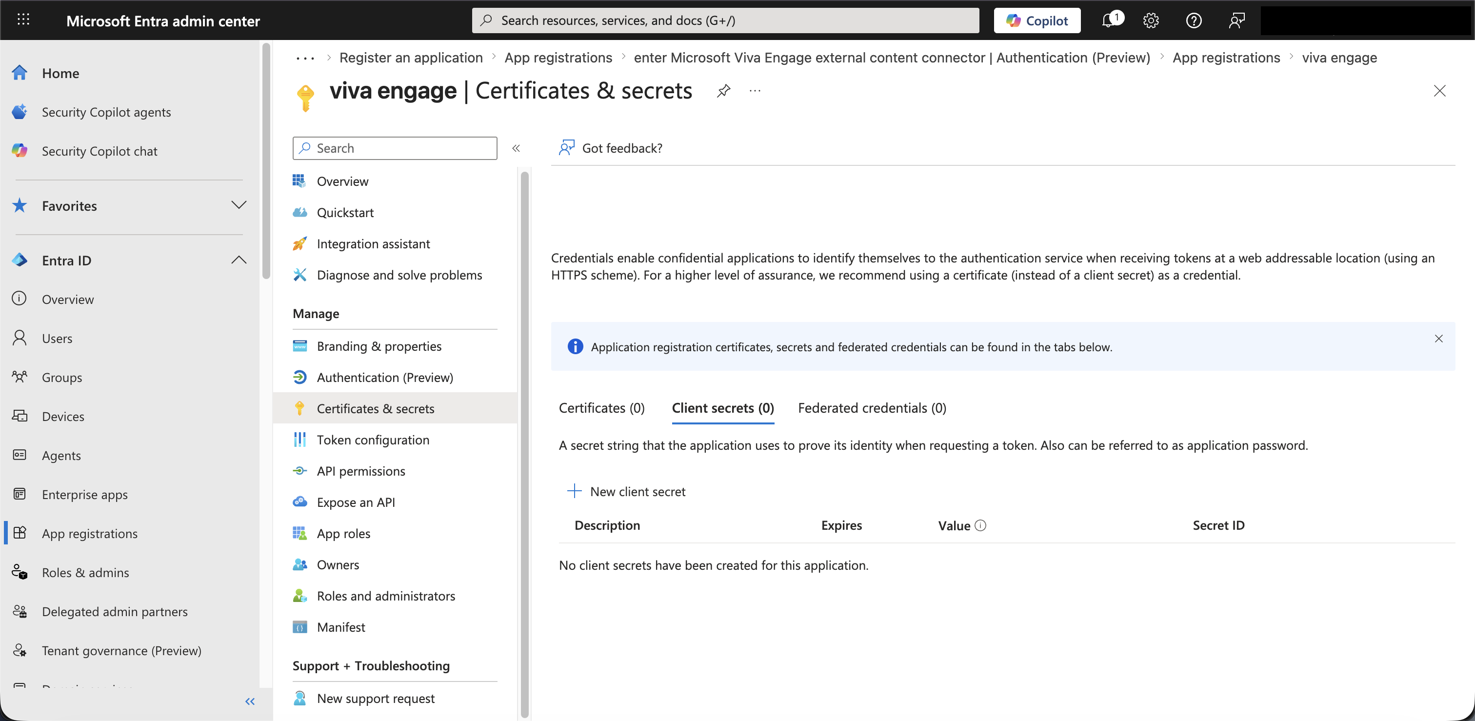Certificates & secrets + new client secret button 