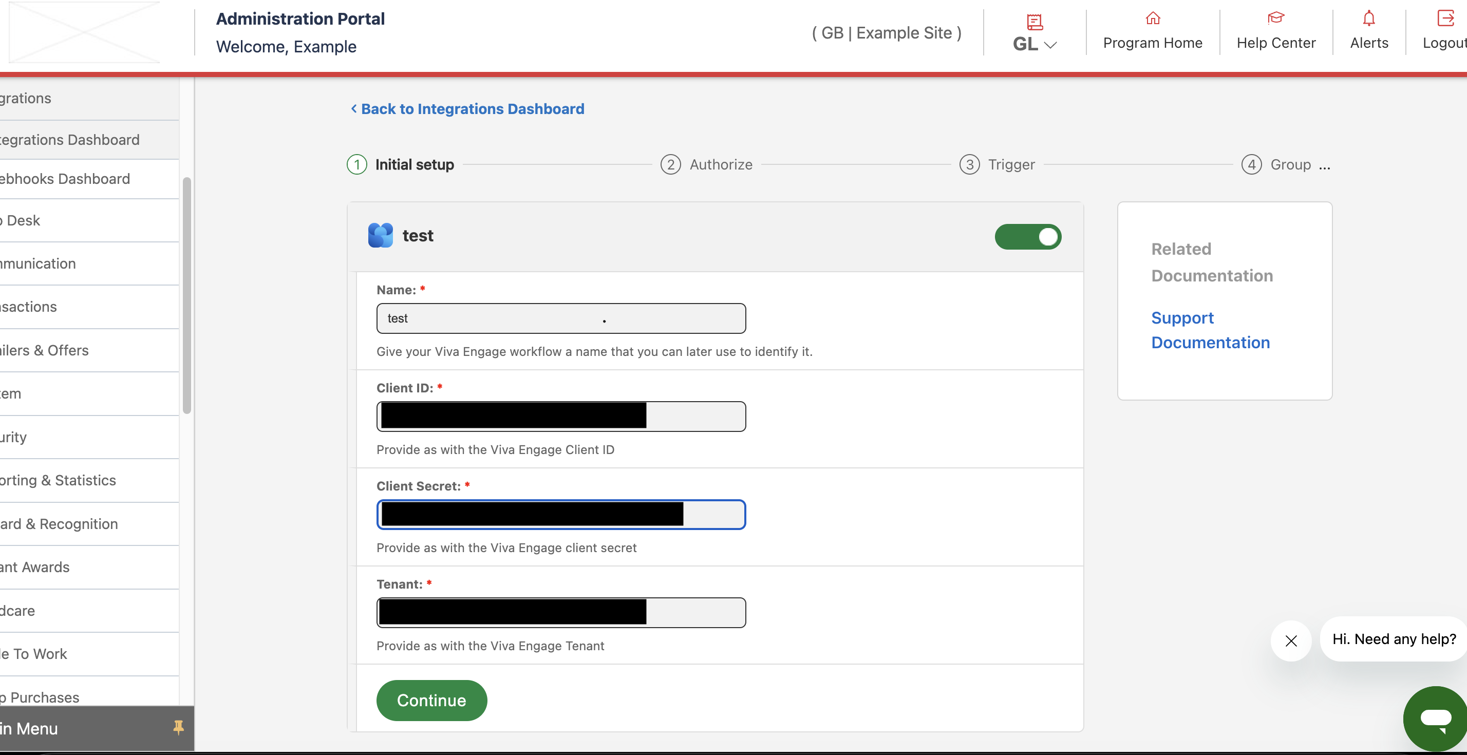 Initial setup - Continue button
