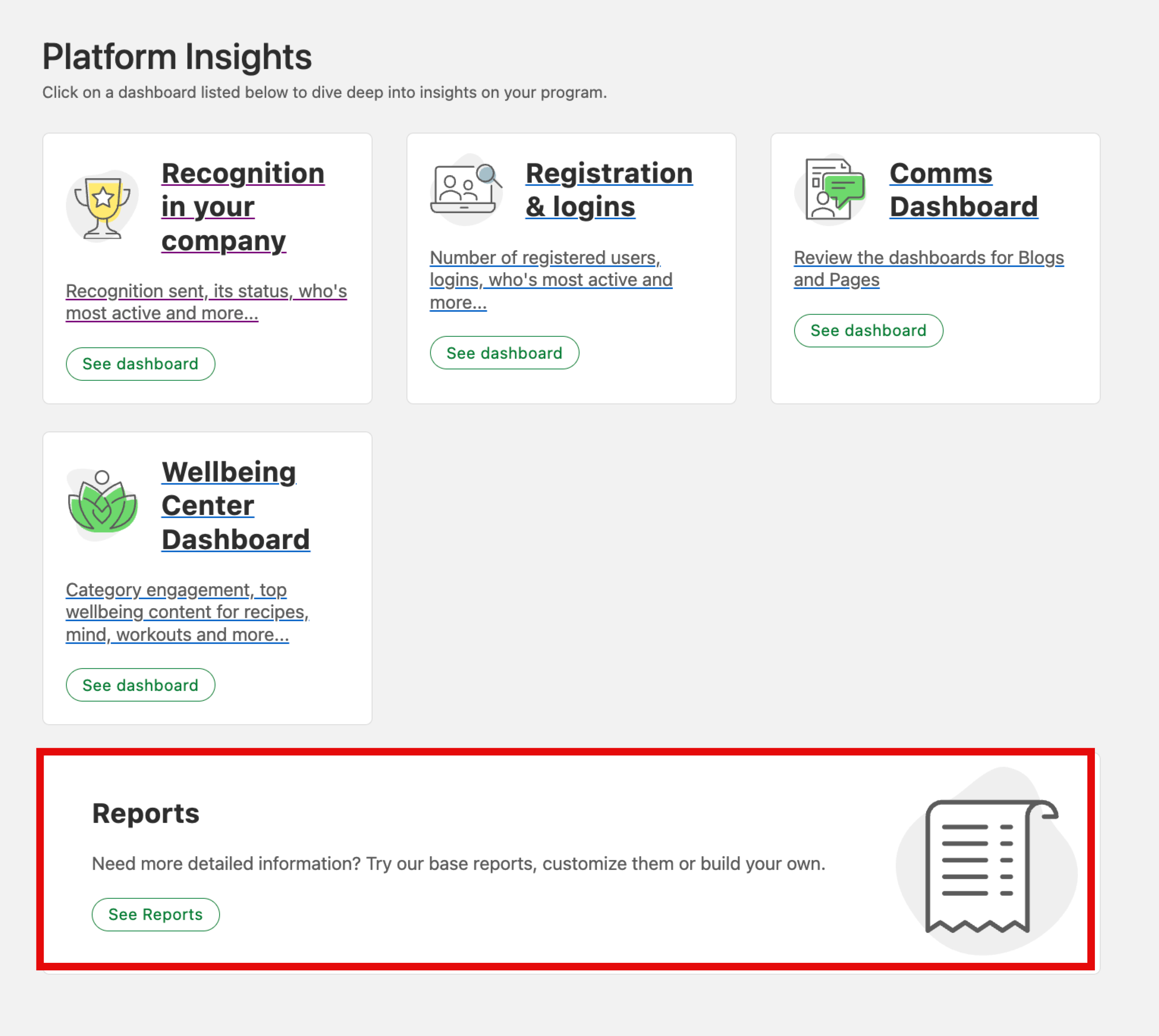reports tile in platform insights