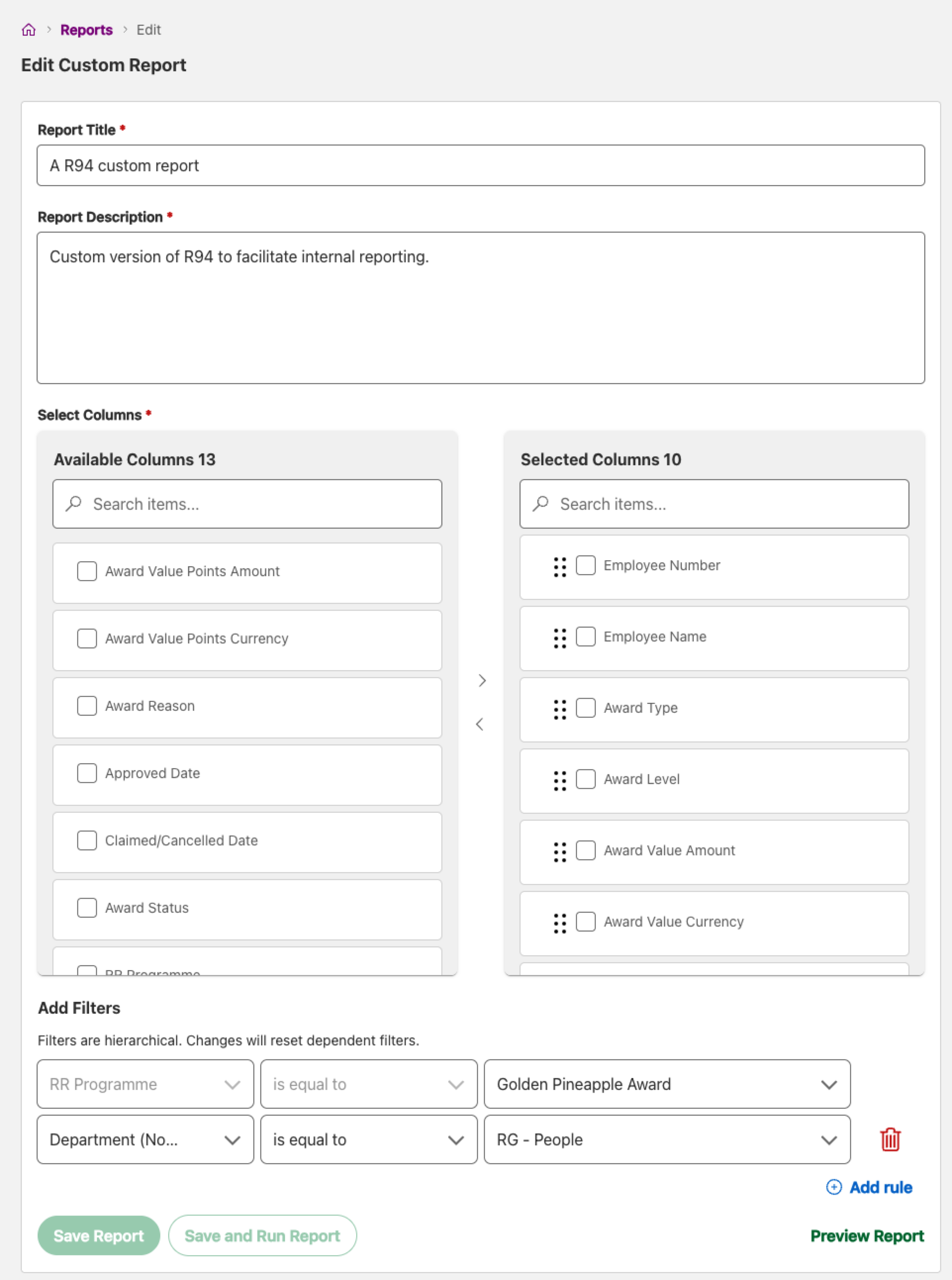 Edit Custom Report