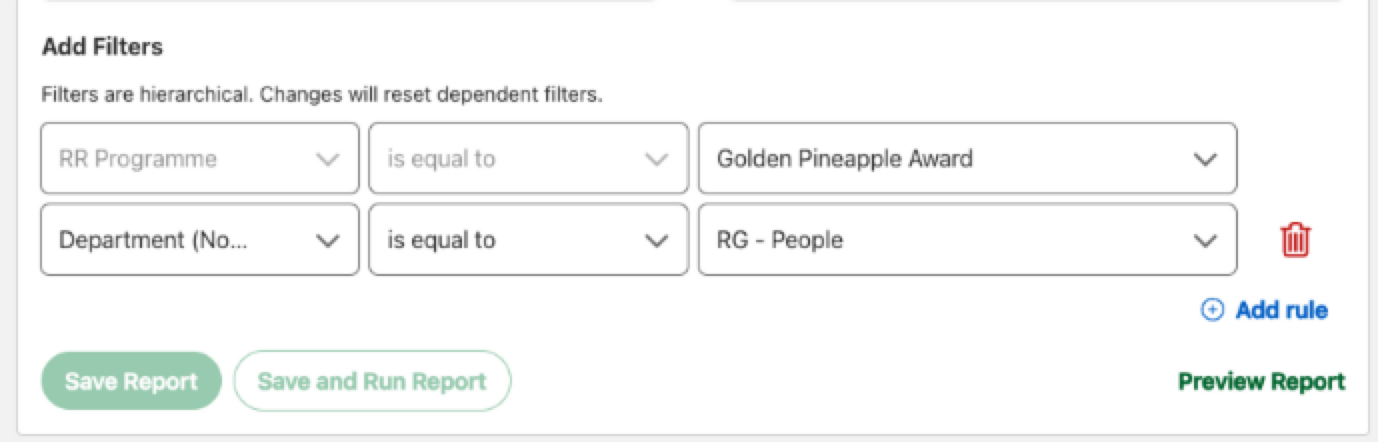 add filters section of the report