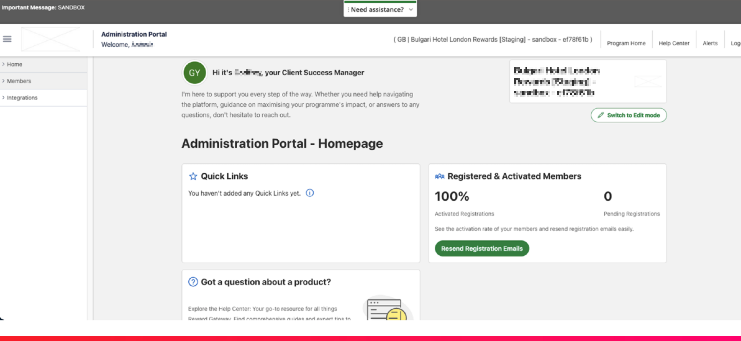sandbox admin portal homepage