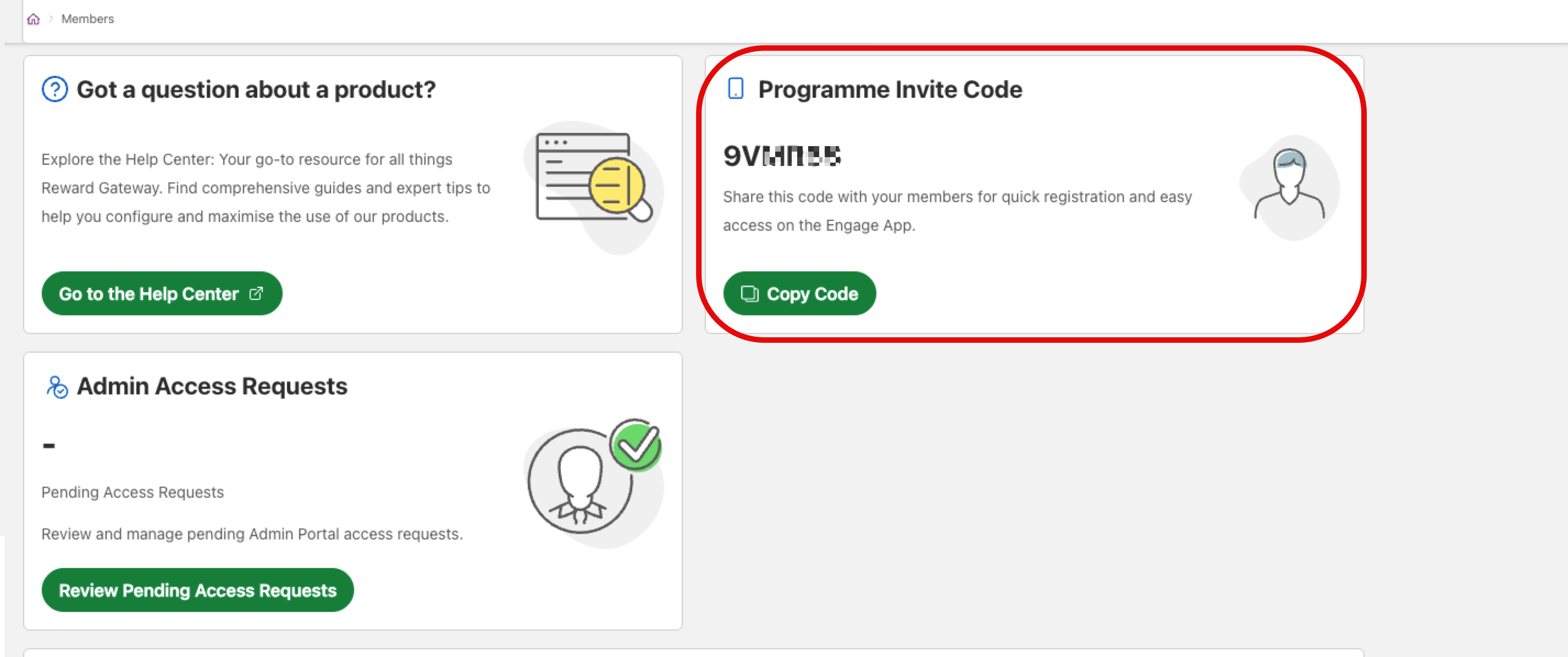 Programme Invite code on the admin portal homepage
