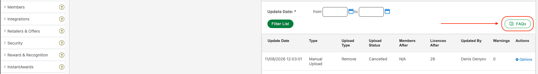 FAQs button