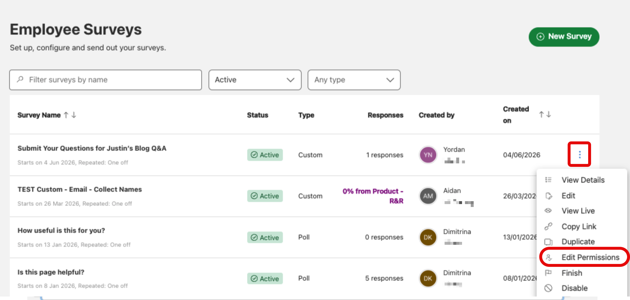 edit permissions of a survey