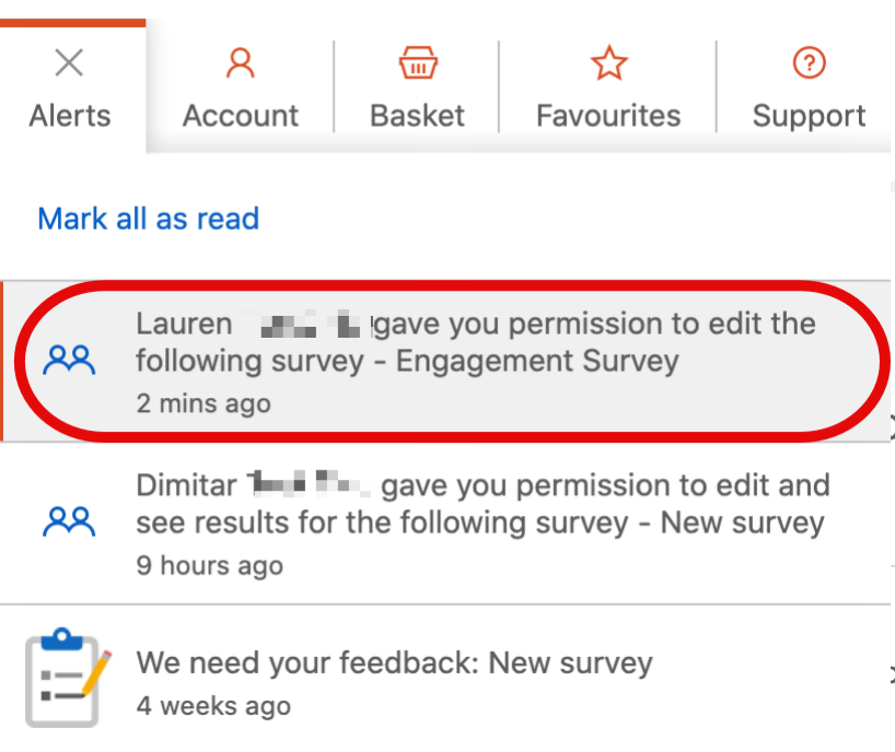 alert for new survey permissions in the platform