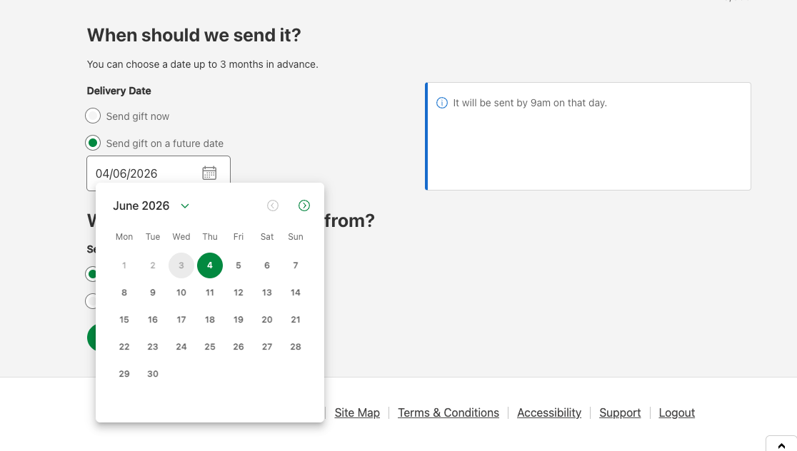 Selecting date to send gift