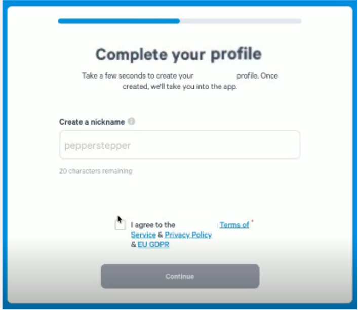 Complete your profile - create a nickname